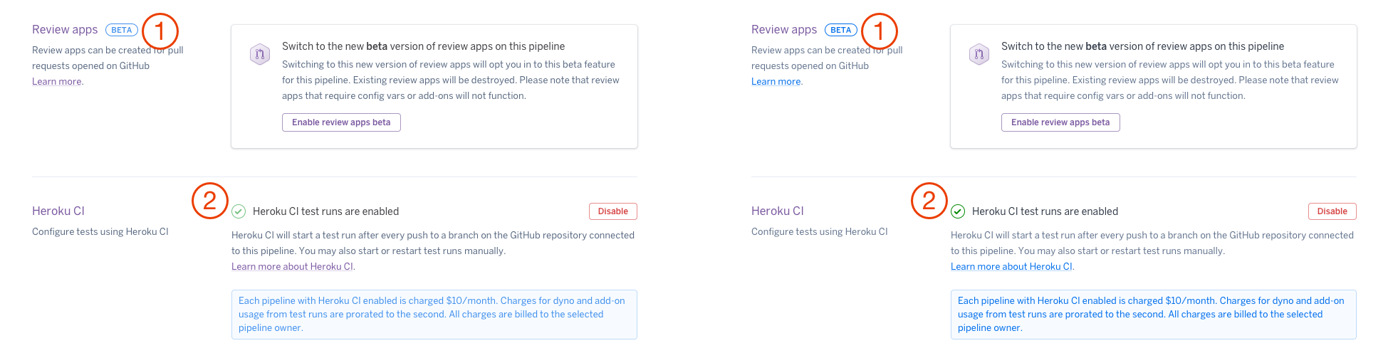 Screenshots of Heroku Dashboard showing impact of increased color contrast on badge and icon elements