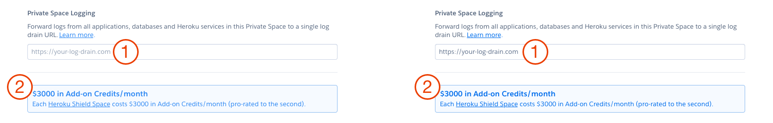 Screenshots of Heroku Spaces section of Dashboard showing impact of increased contrast on gray and blue text