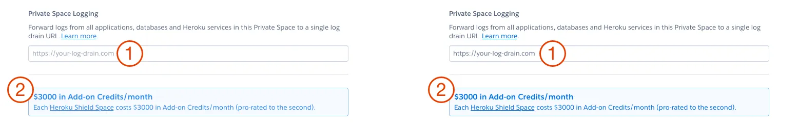 Screenshots of Heroku Spaces section of Dashboard showing impact of increased contrast on gray and blue text
